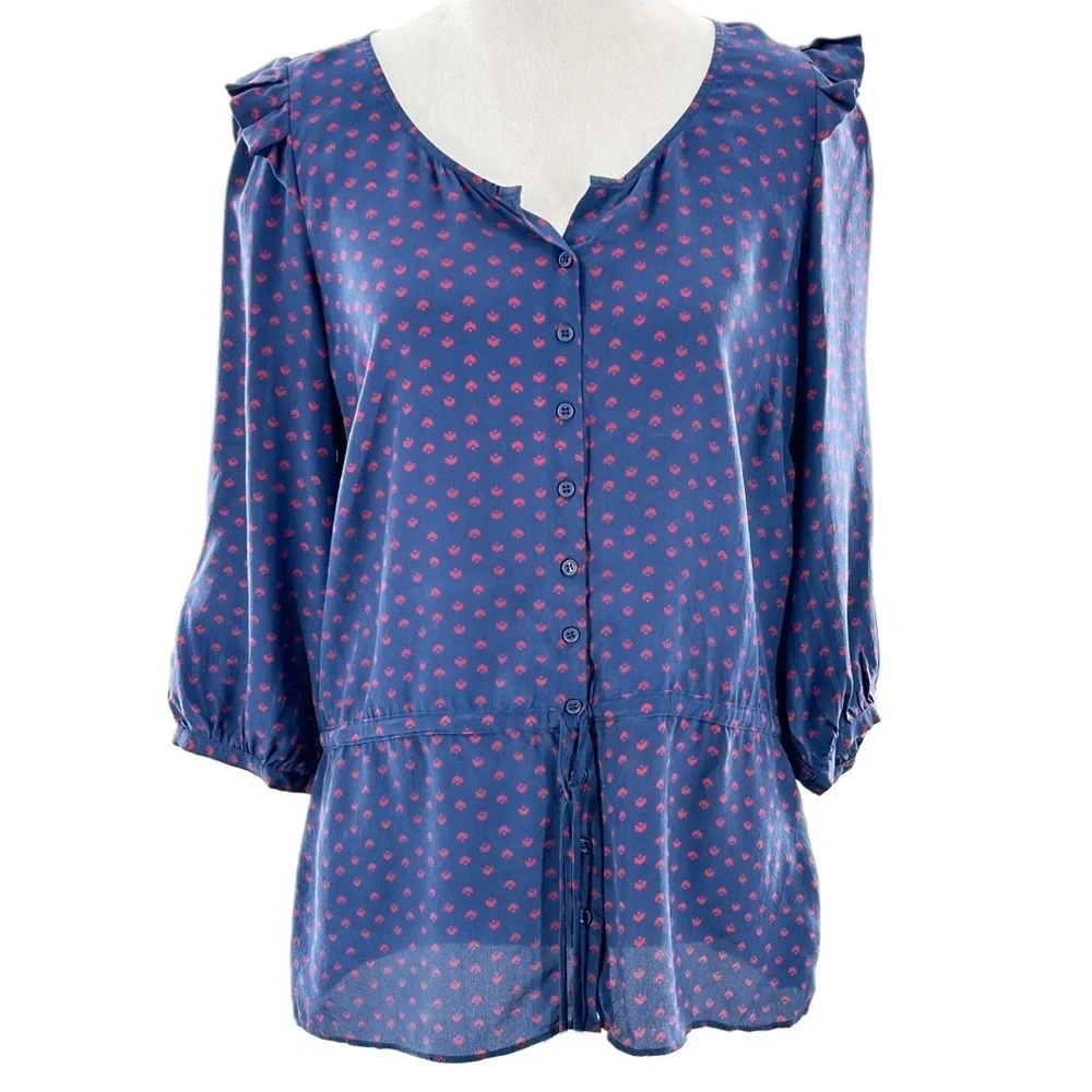 Petticoat Alley top S blue red 100% silk ruffle button down statement sleeves